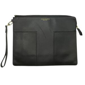 Tory Burch Block T Travel Medium Leather Pouch Wristlet Black